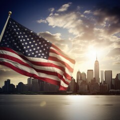 Naklejka premium A powerful image of the American flag waving in front of a modern city skyline