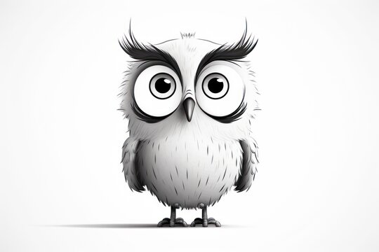  a black and white picture of an owl with big eyes and a mohawk on it's head, standing in front of a white background with only one eye visible.