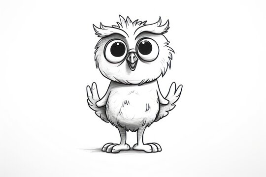  a black and white drawing of an owl standing with its hands in the air and eyes wide open, with one eye wide open, and one eye wide open.