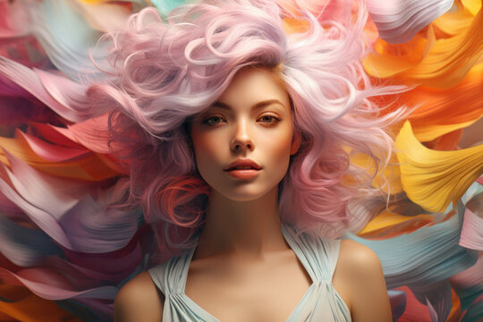 A woman with vibrant, pastel-colored hair, expressing creativity and uniqueness against a complementary background. Concept of self-expression and artistic identity. Generative Ai.