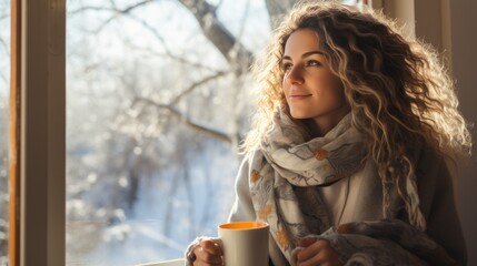 woman sits bundled up in scarf and jacket, sipping a warm drink while looking out at a snowy forest