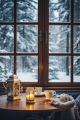 A snowy landscape is visible through a window, with a warm and inviting interior visible in the foreground