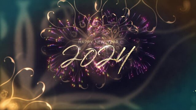 2024 Happy New year gold text with gold snowflakes flow on black background and firework.bstract Falling snow flakes Snowflakes Particles 4K Loop Animation Background. Merry Christmas, New year, Weddi