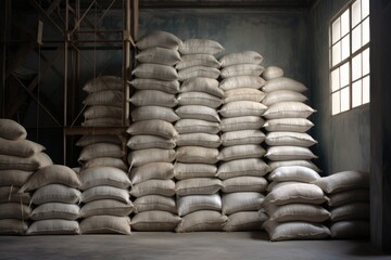 cement bags stacked neatly in a warehouse