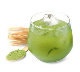 Glass of delicious iced green matcha tea, spoon with powder and bamboo whisk isolated on white