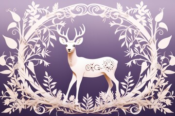  a paper cut out of a deer standing in a circle of leaves and vines on a purple background with a white outline in the center of the picture is a.