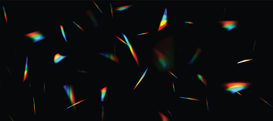 Blurred rainbow refraction overlay effect. Light lens prism effect on black background. Holographic reflection, crystal flare leak shadow overlay. Vector abstract illustration. - obrazy, fototapety, plakaty