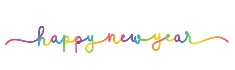 HAPPY NEW YEAR vector brush calligraphy banner with rainbow gradient on white background