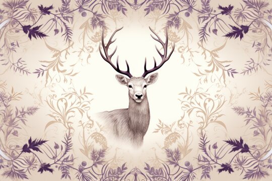  a drawing of a deer with antlers on it's head, surrounded by flowers and leaves, on a beige and purple background with a floral design pattern.