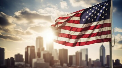 A powerful image of the American flag waving in front of a modern city skyline