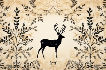  a black and white picture of a deer with antlers on it's antlers, surrounded by leaves and vines, on a beige background with black - and - and - gold designs.