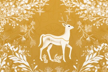  a drawing of a deer surrounded by leaves and flowers on a yellow background with a white deer on the right side of the frame and a white deer on the left side of the.