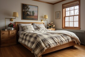 bedroom with a fluffy comforter, wooden bed frame, and bedside table with a lamp