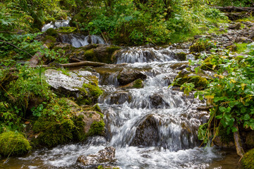 Wide waterfall buried in moss