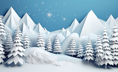 Serene mountain winter landscape crafted in 3D origami from paper.