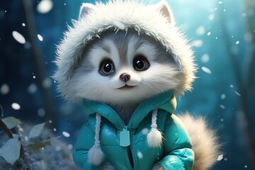  a white and gray cat wearing a blue jacket and a green jacket with a hood and a furry tail, standing in front of a forest with snow falling leaves and snow.