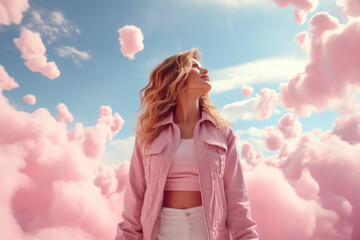 A woman with an adventurous spirit, the pastel backdrop mirroring the vast sky, emphasizing the...