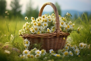 a basket full of freshly picked chamomile flowers on a grassy field