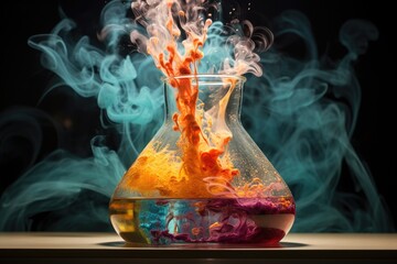detailed image of a chemical reaction happening inside a beaker - obrazy, fototapety, plakaty
