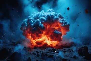  a large cloud of red and blue smoke rising from a rocky area with rocks and debris in the foreground, and a blue sky with clouds and stars in the background.