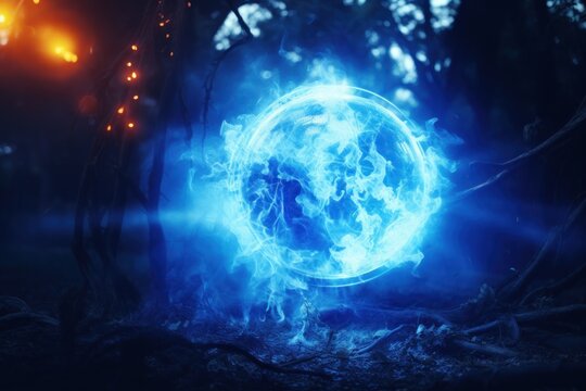  a blue ball of fire in the middle of a forest filled with lots of trees and a bright light at the end of the circle is glowing in the middle of the picture.