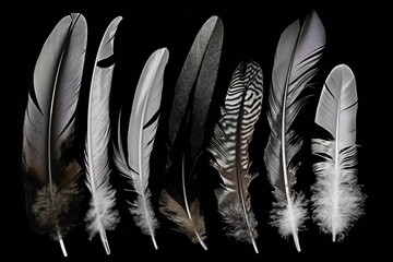 background isolated black feathers bird fferent Set - obrazy, fototapety, plakaty