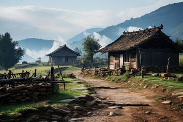  a dirt road in front of a house with a thatched roof and a stone fence in front of a grassy field with trees and mountains in the back ground.