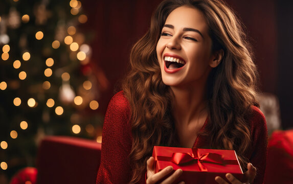 Excited woman opening a present at home