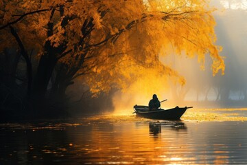 a person in a rowboat on a lake with trees in the background and yellow leaves in the foreground, with the sun shining through the trees, on a foggy day.