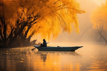  a man sitting in a boat on a river with a yellow tree in the foreground and a foggy sky in the...