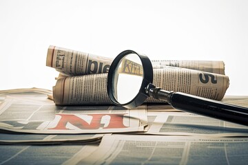 Concept news fake newspaper open next Magnifier - obrazy, fototapety, plakaty