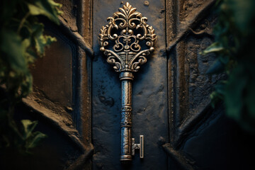 A rustic key in an antique keyhole, hinting at the mysteries and secrets waiting to be unlocked. Concept of discovery and curiosity. Generative Ai.