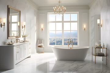 A white luxurious bathroom with a freestanding tub and marble accents