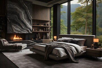 A luxurious bedroom in dark colors with big window, fireplace and marble accent on the wall