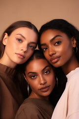 Three cool confident pretty gen z girls looking at camera posing for beauty portrait