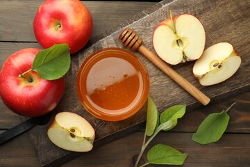 Naklejka na ściany i meble Sweet honey and fresh apples on wooden table, flat lay