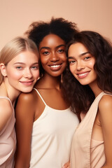 Naklejka premium Three cool confident pretty gen z girls looking at camera posing for beauty portrait, multiethnic stylish young women, multicultural hipster models inclusive faces isolated on beige background