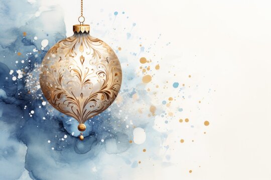  a gold and white christmas ornament hanging from a gold chain on a blue and white background with watercolor splashes and gold flecks around it.
