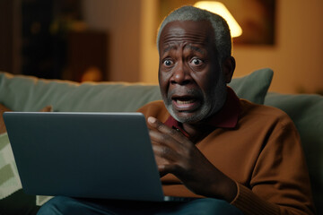 Elderly African American man sit on couch hold pc on lap cant believe in luck online lottery win crying from happiness, received awful bad news feels unhappy
