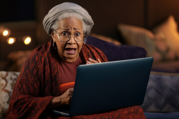 Elderly African American woman sit on couch cant believe in luck online lottery win crying from happiness, received awful bad news feels unhappy