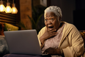 Elderly African American woman sit on couch cant believe in luck online lottery win crying from happiness, received awful bad news feels unhappy - obrazy, fototapety, plakaty