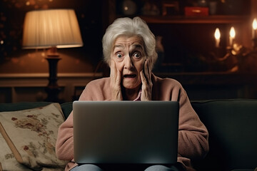 Elderly woman sit on couch hold pc on lap cant believe in luck online lottery win crying from happiness, received awful bad news feels unhappy - obrazy, fototapety, plakaty