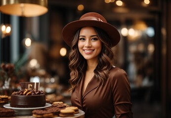 Charming beautiful white women wearing brown lather jacket and hat, cake on tabletop, blurred background