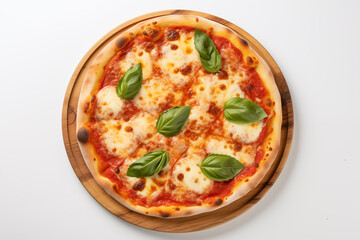 Italian pizza Margherita with cheese, tomato sauce and basil on wooden board on the white background