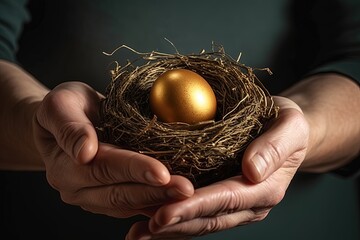 savings increasing saving concept egg golden nest hold carefully hands Female