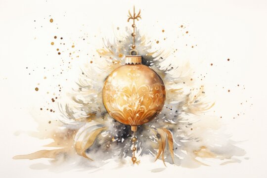  a watercolor painting of a christmas ornament with a gold ribbon and a star on the top of the ornament, on a white background with brown spots.