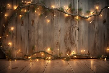 christmas tree branches with string lights on wooden surface