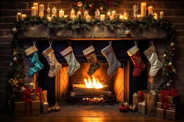 christmas stockings hanging from a fireplace mantel with a fire burning
