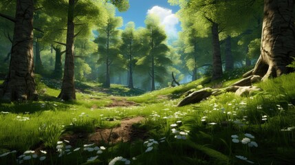 Obraz premium In the idyllic landscape of a spring forest, the fairytale like scene unfolds with blue skies, green grass meadows, and majestic woodland trunks casting shadows on the sunlit meadow. Nobody can resist
