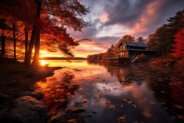  a house sits on the shore of a lake as the sun sets over the water and leaves are on the ground and the water is reflecting off of the water.